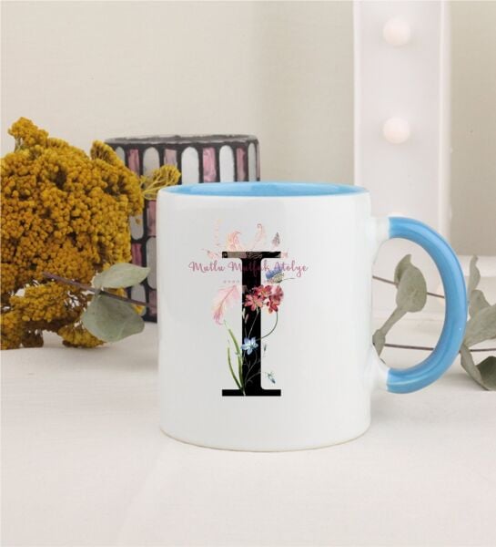 I Harfi Çiçek Desenli Mavi Kupa Bardak