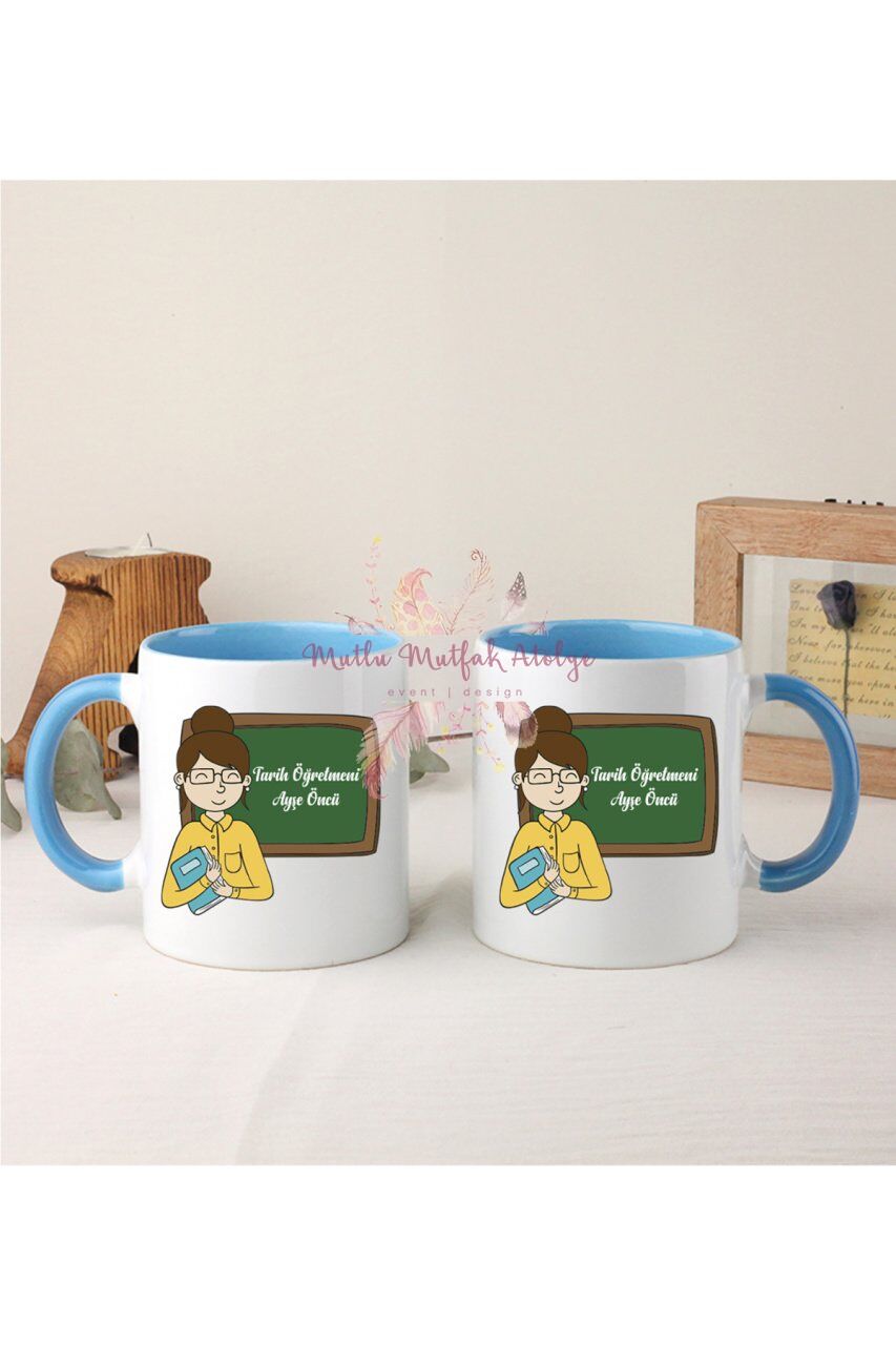 Kişiye Özel Öğretmenler Günü Hediyesi Bayan Öğretmen Mesleki İkili Mavi Kupa Bardak