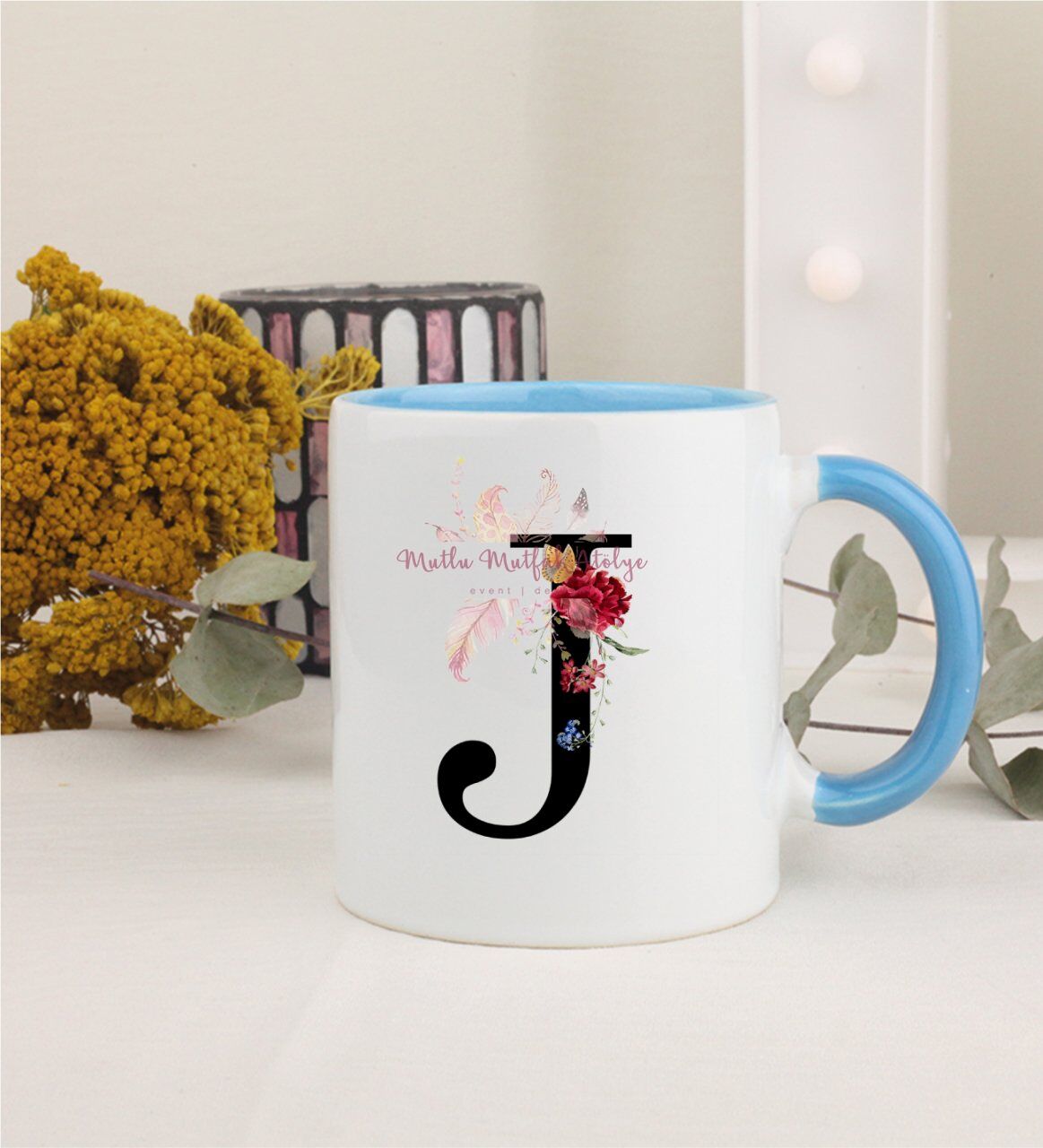 J Harfi Çiçek Desenli Mavi Kupa Bardak