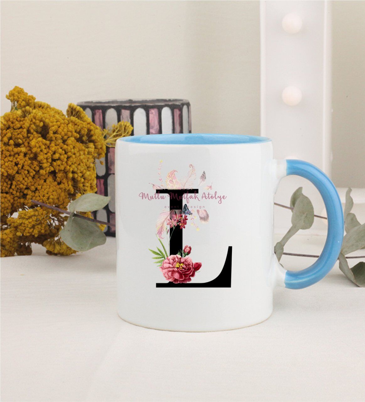 L Harfi Çiçek Desenli Mavi Kupa Bardak