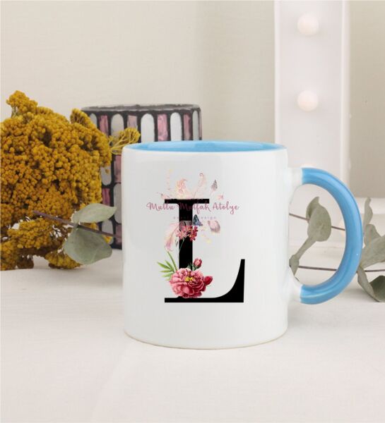 L Harfi Çiçek Desenli Mavi Kupa Bardak