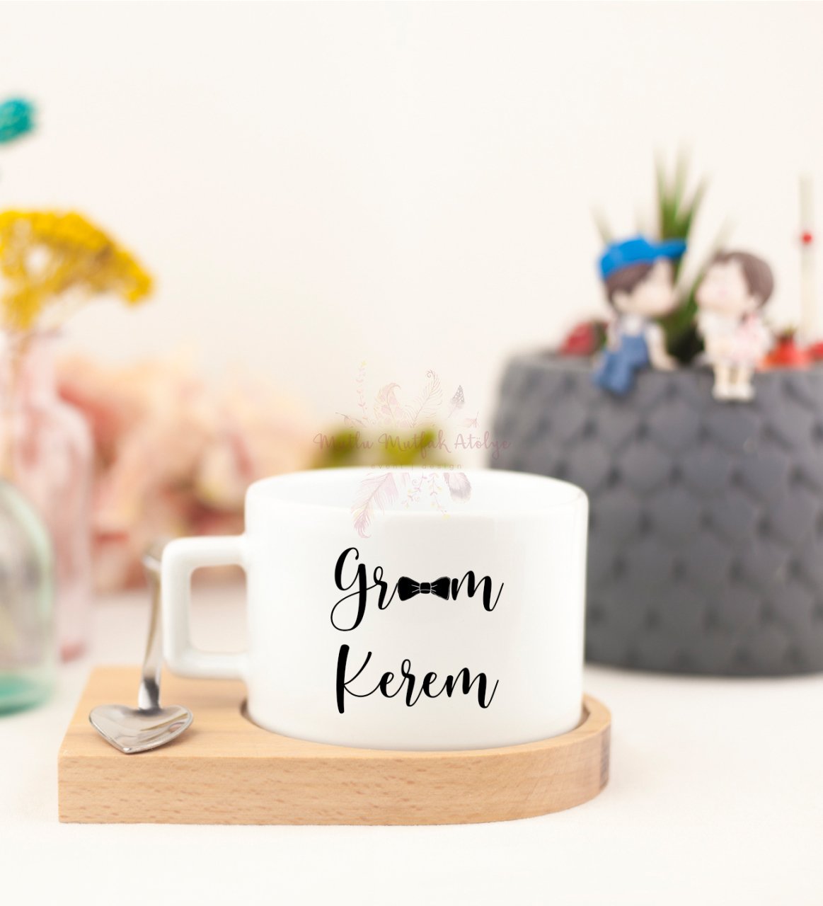 Kişiye Özel Ahşap Altlıklı Fincan Groom Damat