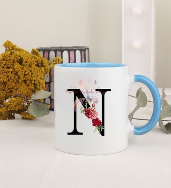 N Harfi Çiçek Desenli Mavi Kupa Bardak