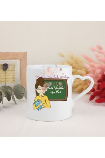 Kişiye Özel Öğretmenler Günü Hediyesi Bayan Öğretmen Mesleki Beyaz Kalpli Kupa Bardak