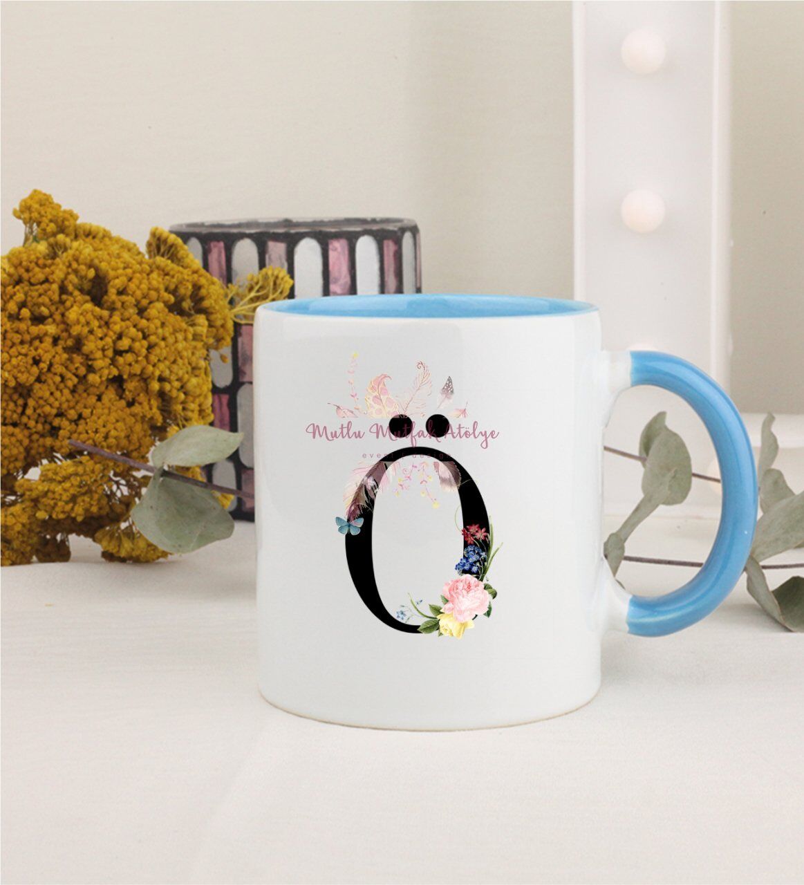 Ö Harfi Çiçek Desenli Mavi Kupa Bardak