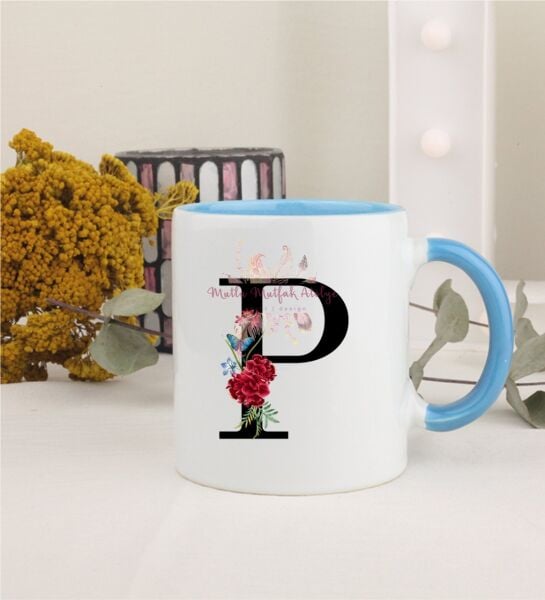 P Harfi Çiçek Desenli Mavi Kupa Bardak