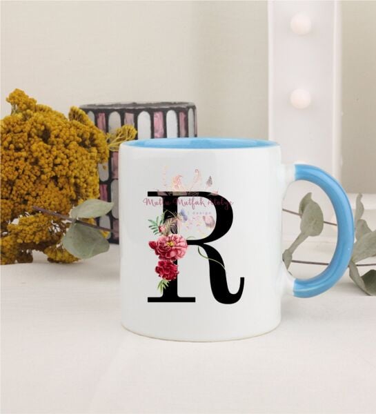 R Harfi Çiçek Desenli Mavi Kupa Bardak