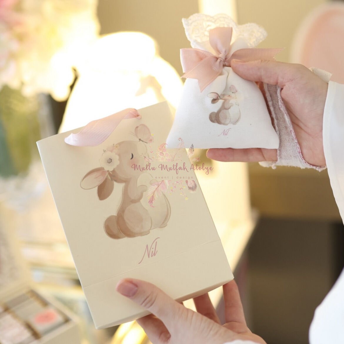 Tavşan Figürlü Lavanta Kesesi ve Baskılı Çanta Seti | Kız Bebek Doğum & Doğum Günü Hediyelikleri