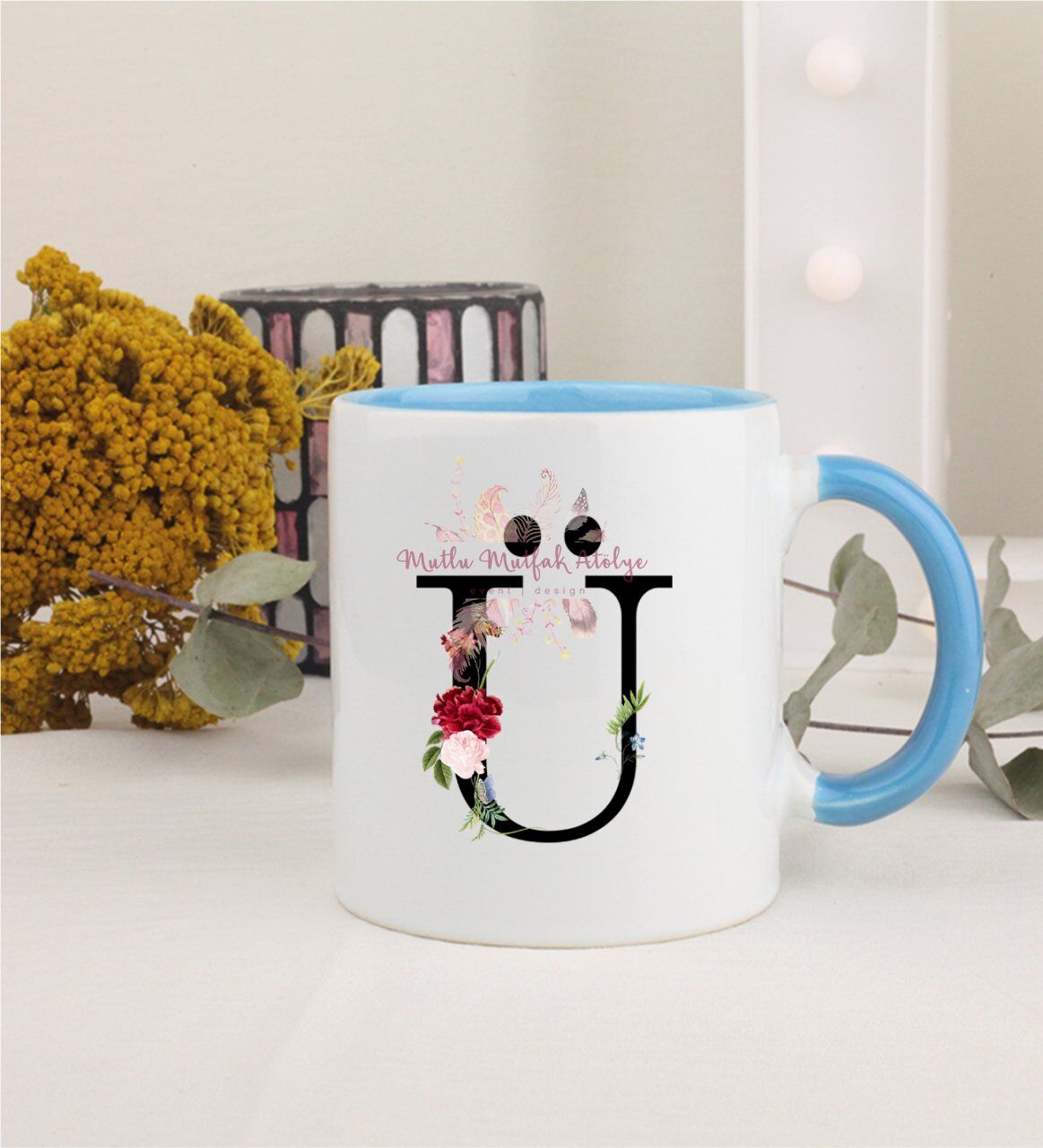 Ü Harfi Çiçek Desenli Mavi Kupa Bardak