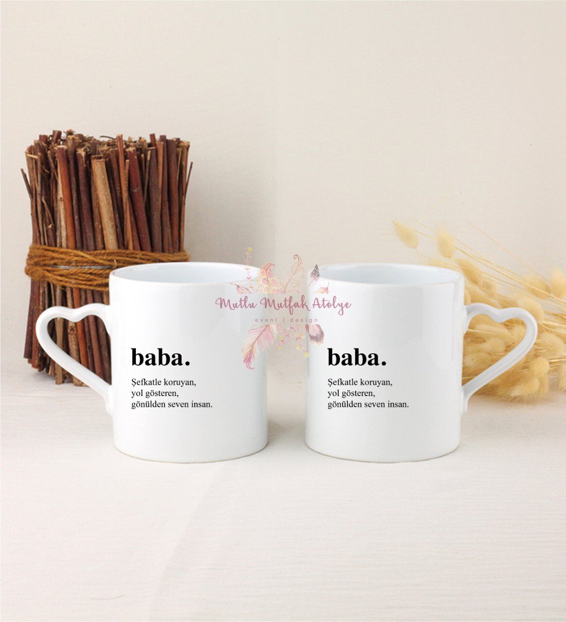 Babalar Günü İkili Beyaz Kalpli Kupa Bardak