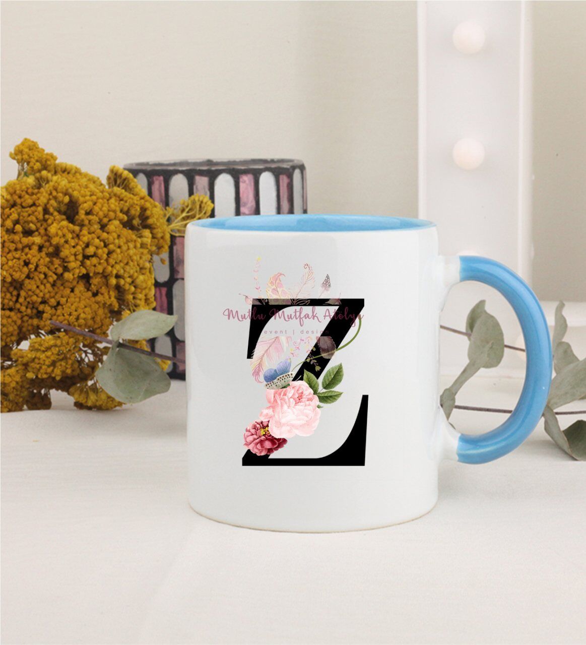 Z Harfi Çiçek Desenli Mavi Kupa Bardak