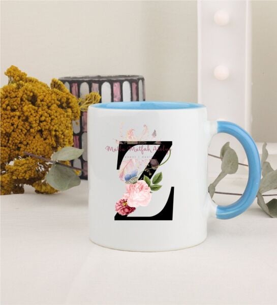 Z Harfi Çiçek Desenli Mavi Kupa Bardak