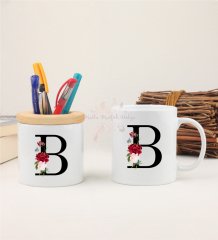 B Harfi Çiçek DesenliKalemlik ve Kupa Bardak