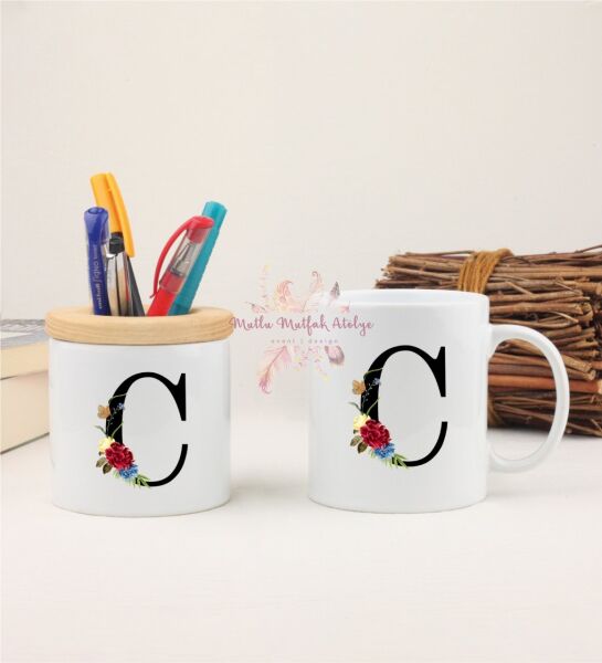 C Harfi Çiçek DesenliKalemlik ve Kupa Bardak