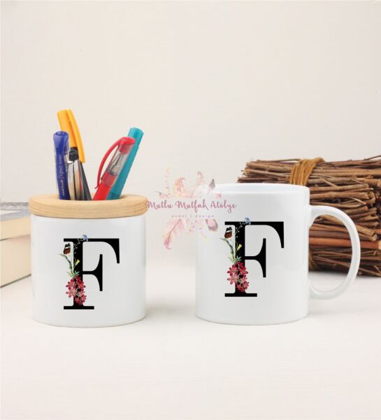 F Harfi Çiçek Desenli Kalemlik ve Kupa Bardak