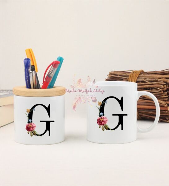 F Harfi Çiçek Desenli Kalemlik ve Kupa Bardak