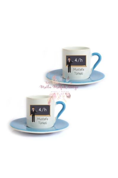 Kişiye Özel Öğretmenler Günü Hediyesi Erkek Öğretmen Mesleki İkili Mavi Türk Kahvesi Fincanı