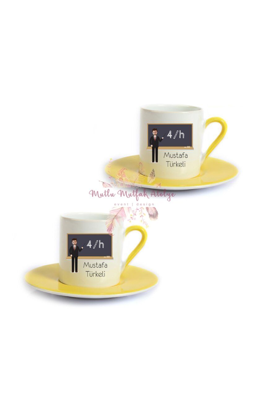 Kişiye Özel Öğretmenler Günü Hediyesi Erkek Öğretmen Mesleki İkili Sarı Türk Kahvesi Fincanı