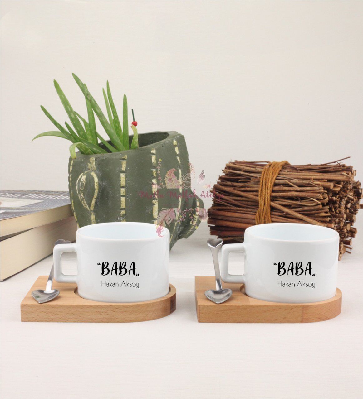 Kişiye Özel Babalar Günü İkili Ahşap Altlıklı Fincan