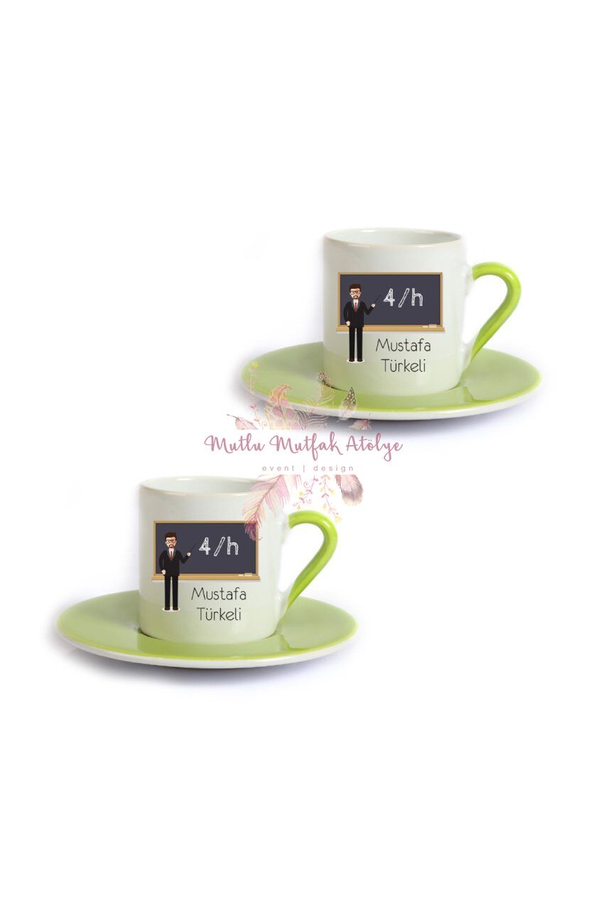 Kişiye Özel Öğretmenler Günü Hediyesi Erkek Öğretmen Mesleki İkili Yeşil Türk Kahvesi Fincanı