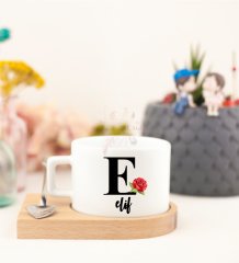 Kişiye Özel Ahşap Altlıklı Fincan E Harfi