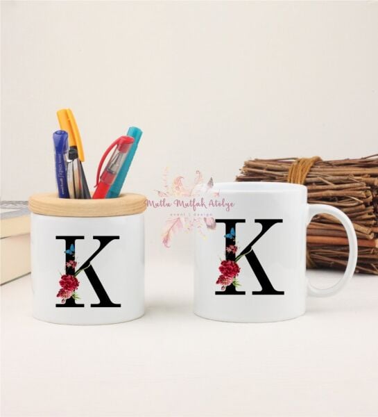 K Harfi Çiçek Desenli Kalemlik ve Kupa Bardak