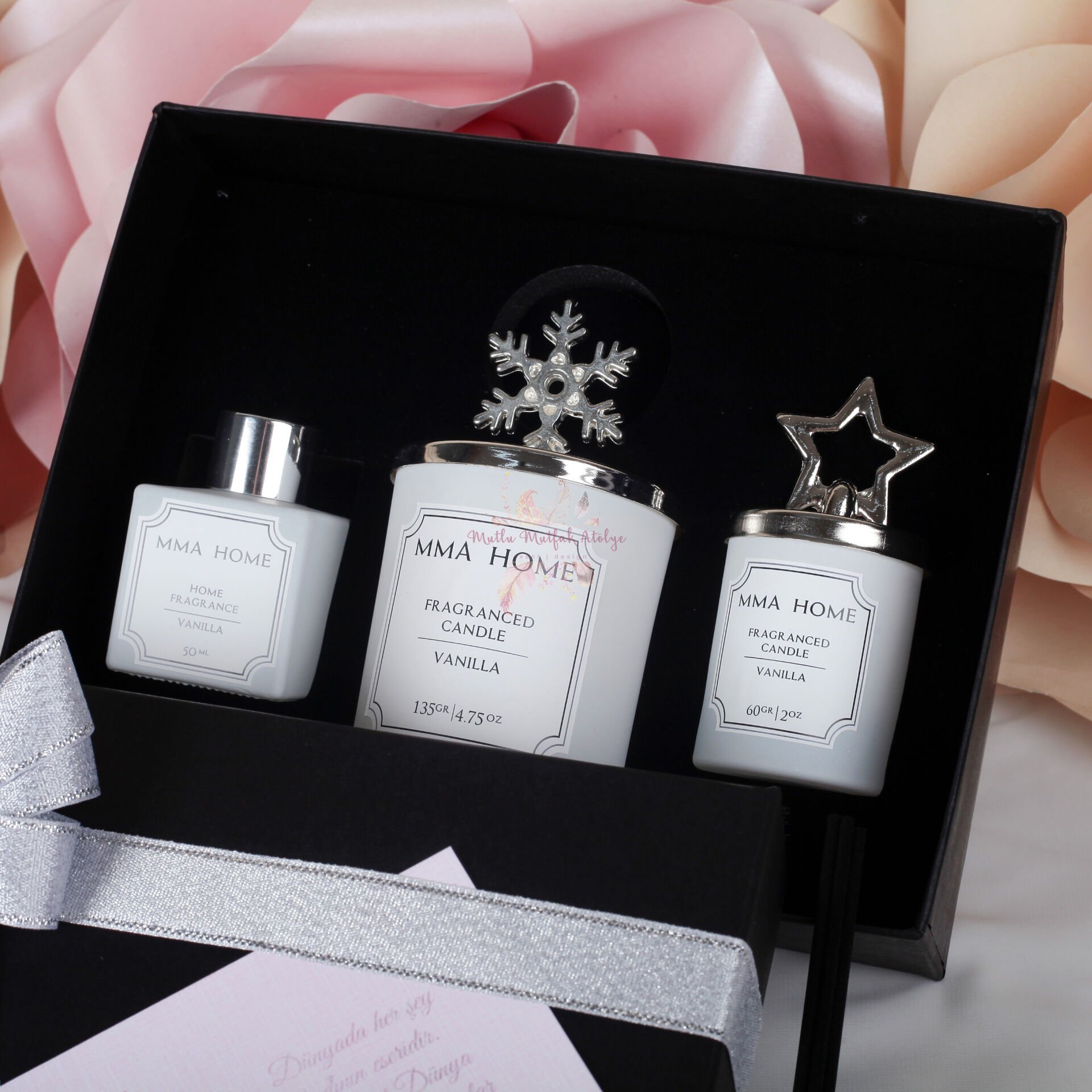Kadınlar Günü Hediyesi Vanilya Kokulu Oda Kokusu, Küçük ve Büyük Mum Seti
