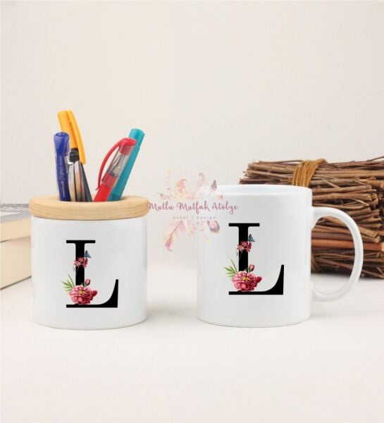 L Harfi Çiçek Desenli Kalemlik ve Kupa Bardak