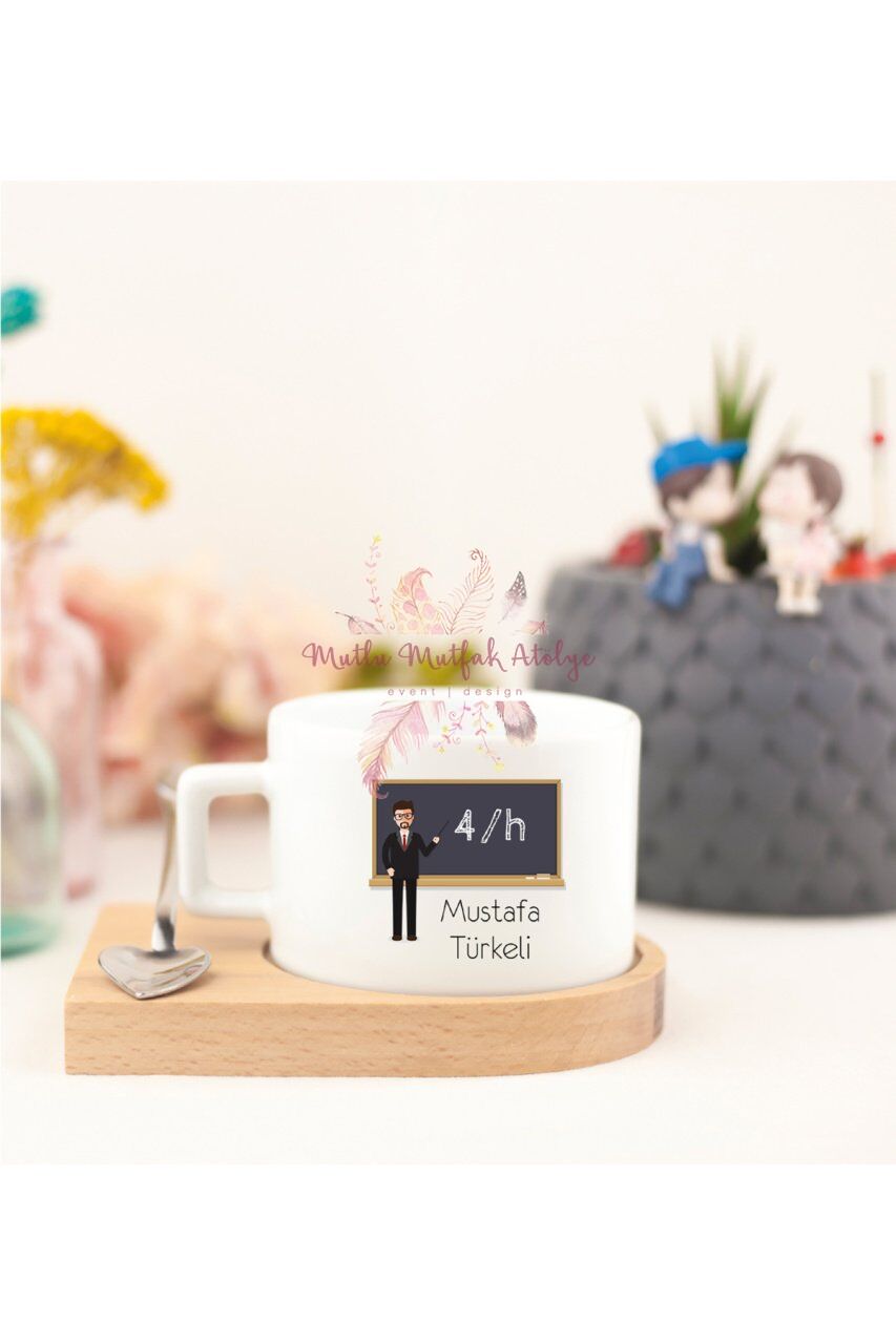 Kişiye Özel Öğretmenler Günü Hediyesi Erkek Öğretmen Mesleki Ahşap Altlıklı Fincan