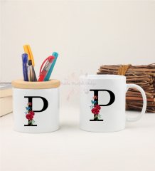 P Harfi Çiçek Desenli Kalemlik ve Kupa Bardak