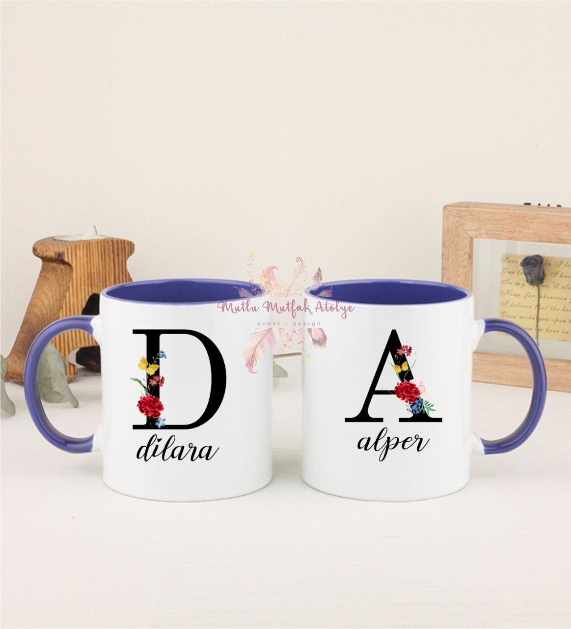 Kişiye Özel Harfli ve İsimli İkili Lacivert Kupa Bardak