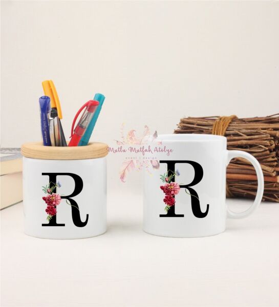 R Harfi Çiçek Desenli Kalemlik ve Kupa Bardak