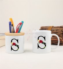 S Harfi Çiçek Desenli Kalemlik ve Kupa Bardak