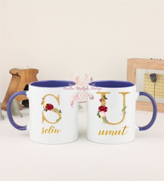 Kişiye Özel Gold Harfli ve İsimli İkili Lacivert Kupa Bardak