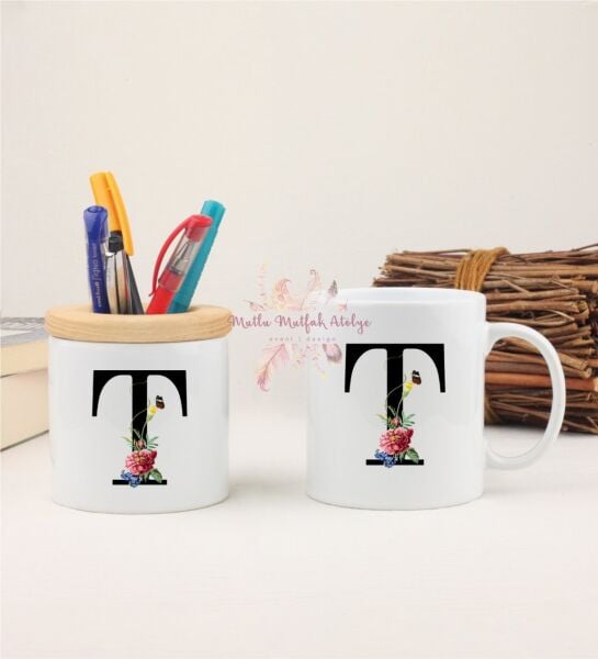 T Harfi Çiçek Desenli Kalemlik ve Kupa Bardak
