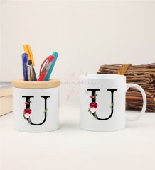 U Harfi Çiçek Desenli Kalemlik ve Kupa Bardak