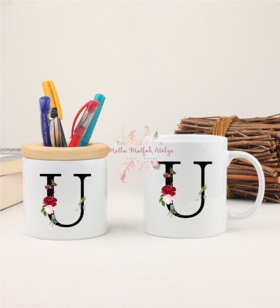 U Harfi Çiçek Desenli Kalemlik ve Kupa Bardak