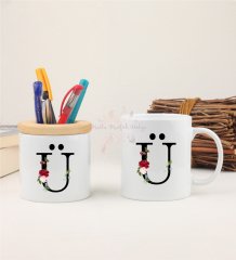 Ü Harfi Çiçek Desenli Kalemlik ve Kupa Bardak