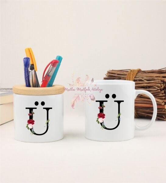 Ü Harfi Çiçek Desenli Kalemlik ve Kupa Bardak