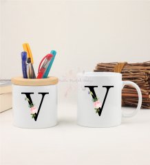 V Harfi Çiçek Desenli Kalemlik ve Kupa Bardak