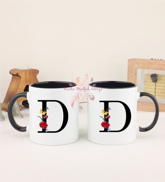 D Harfi Çiçek Desenli İkili Siyah Kupa Bardak