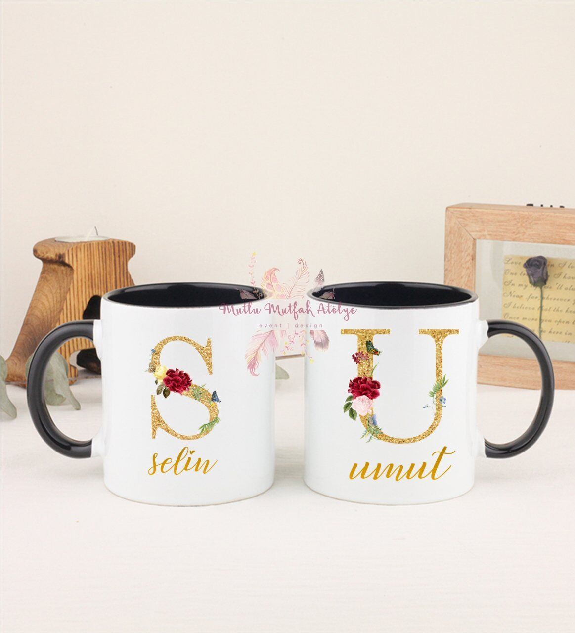Kişiye Özel Gold Harfli ve İsimli İkili Siyah Kupa Bardak
