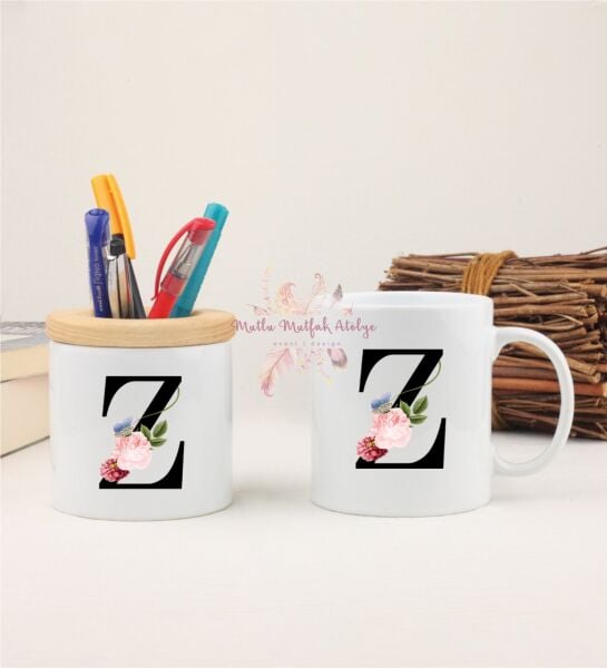 Z Harfi Çiçek Desenli Kalemlik ve Kupa Bardak