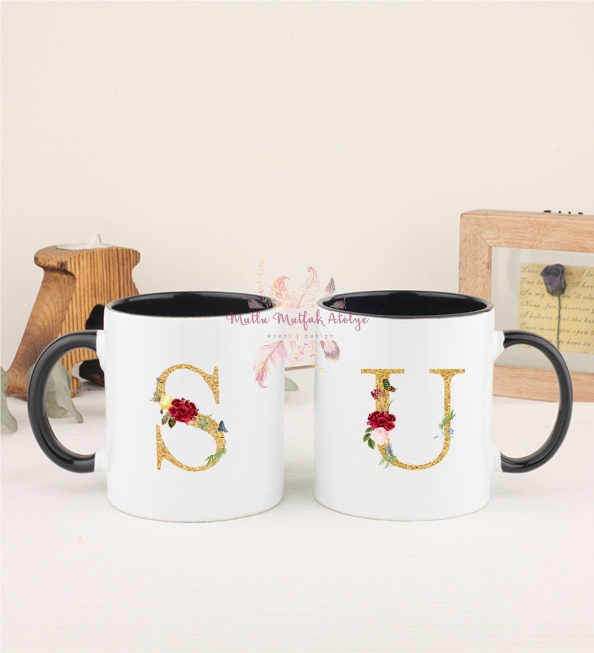 Gold Harfli İkili Siyah Kupa Bardak