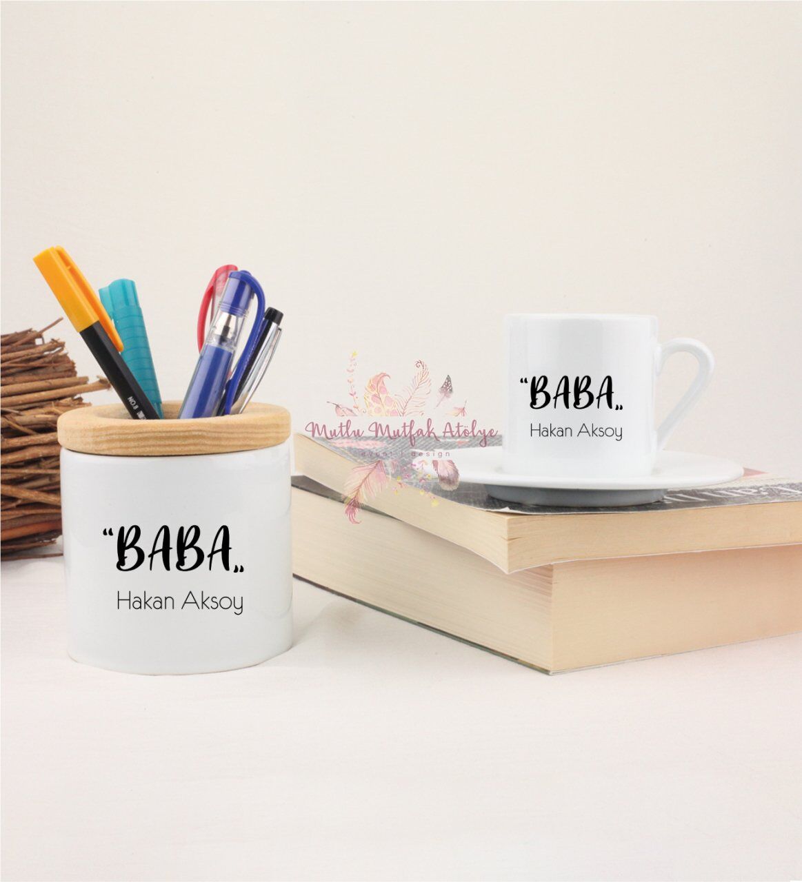 Kişiye Özel Babalar Günü Kalemlik ve Türk Kahvesi Fincanı