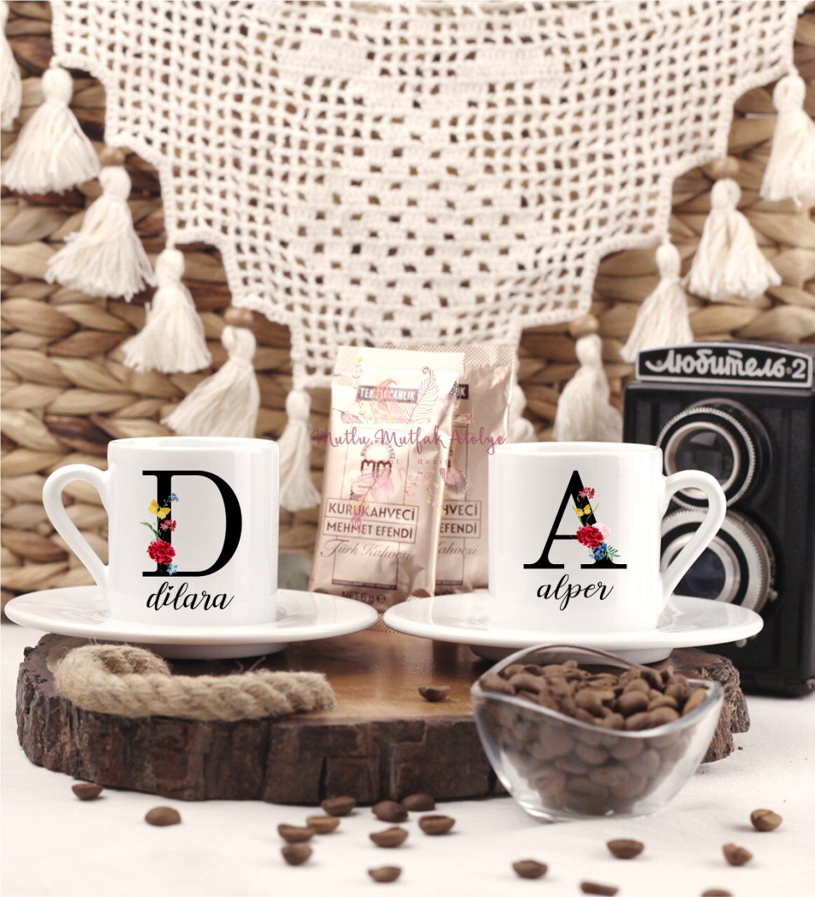 Kişiye Özel Harfli ve İsimli İkili Türk Kahvesi Fincanı