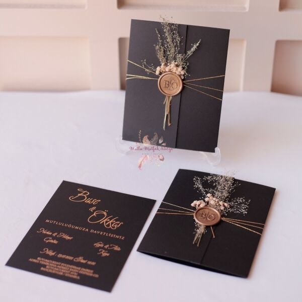 Çiçek Süslemeli Varaklı Mühürlü Davetiye (50 Ad.)