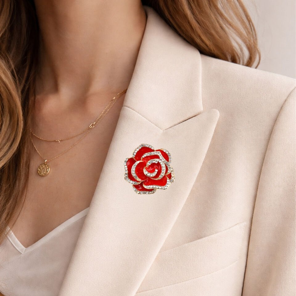 8 Mart Dünya Kadınlar Günü Kırmızı Gül Broş – Mine Detaylı Çiçek Yaka İğnesi – Kartlı Kutulu Kurumsal Hediyelik