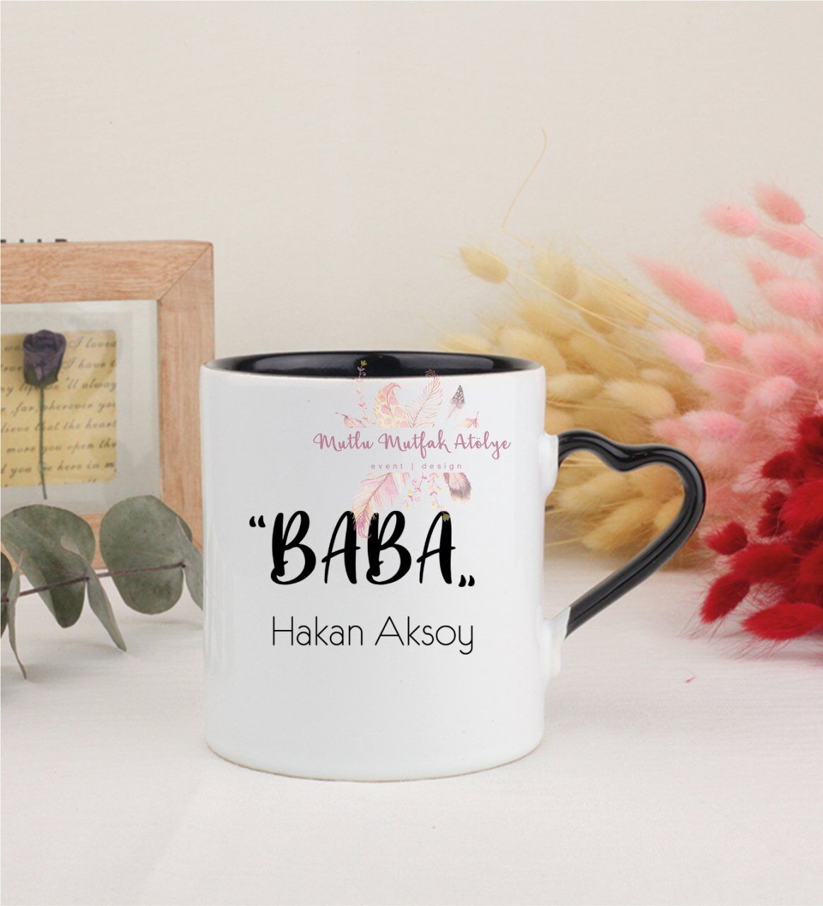 Kişiye Özel Babalar Günü Siyah Kalpli Kupa Bardak