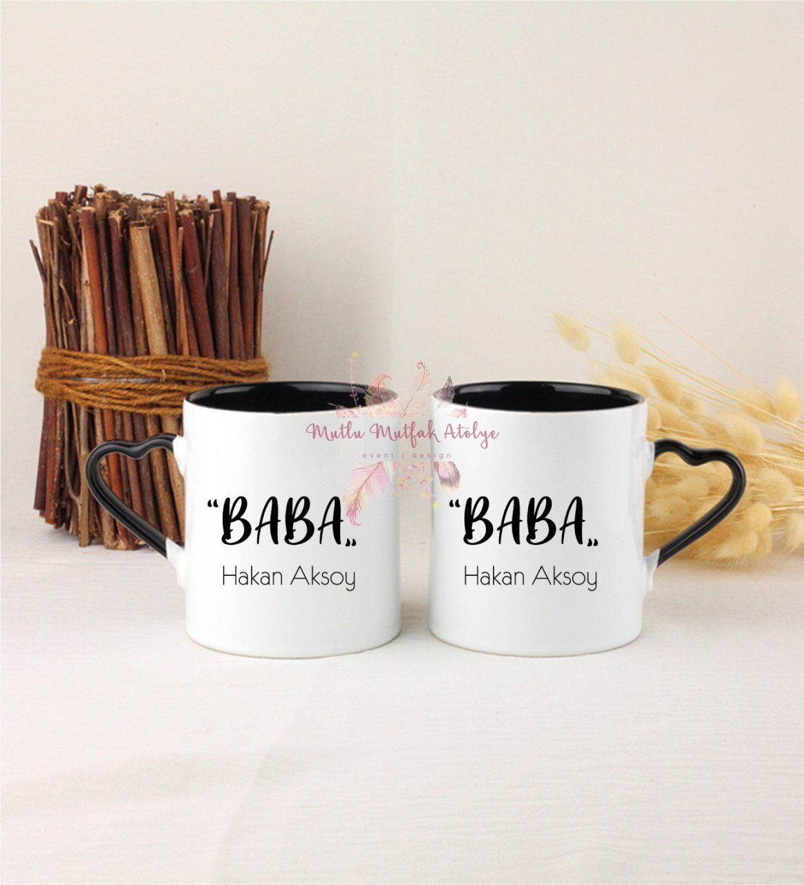 Kişiye Özel Babalar Günü İkili Siyah Kalpli Kupa Bardak